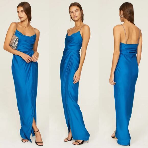 GAUGE81 Shiroi Dress 100% Silk Satin Sleeveless Cowl Neck Slip Maxi Gown Blue L - Picture 1 of 9